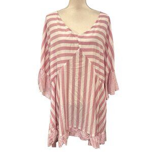 Evans Top Womens 22/24 Pink Contrast‎ Striped Ruffle Trim Tunic Lightweight
